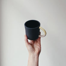 Load image into Gallery viewer, Black mug with yellow/lilac handle
